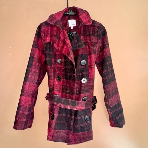 Bongo Women's Double Breasted Red Plaid Button Pea Coat - Size Small - Picture 3 of 10
